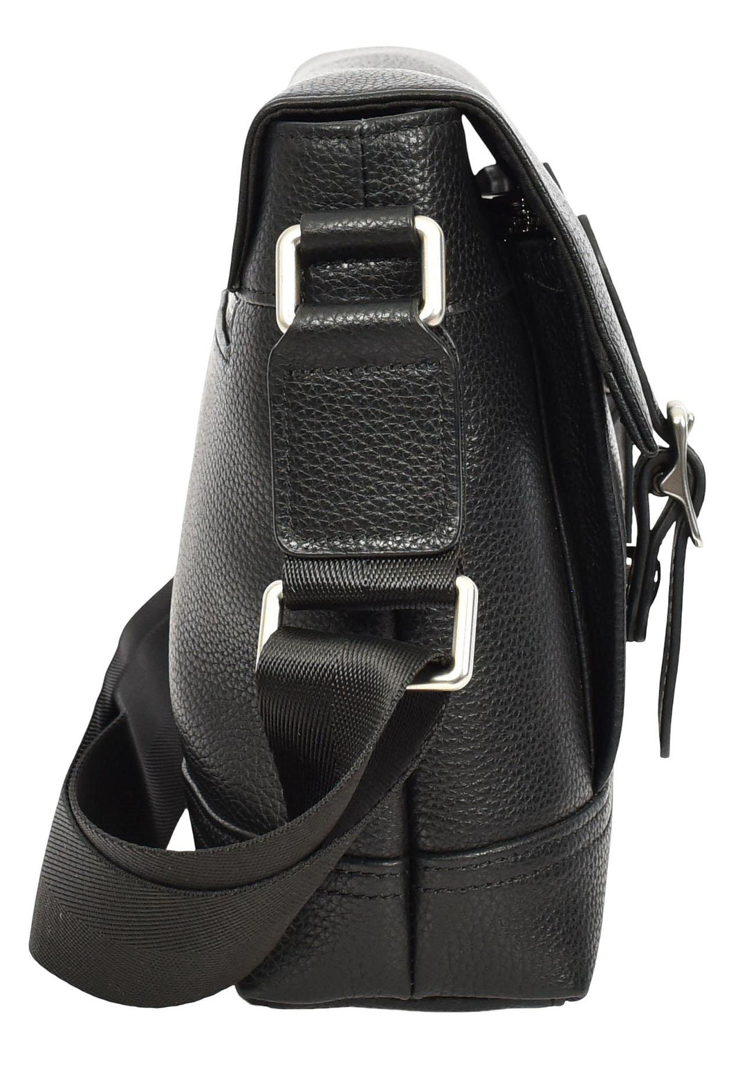 Men's Real Leather Crossbody Messenger Bag Flap Over Dual Buckle Ted Black