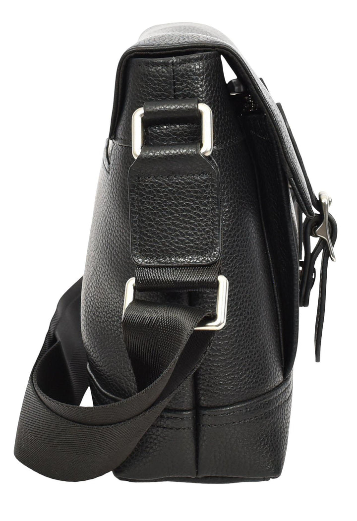 Men's Real Leather Crossbody Messenger Bag Flap Over Dual Buckle Ted Black