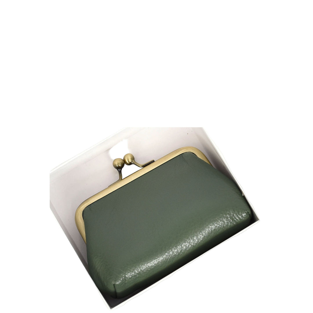 Womens Real Leather Small Coin Purse with Kiss Lock Closure HOL2205 Green