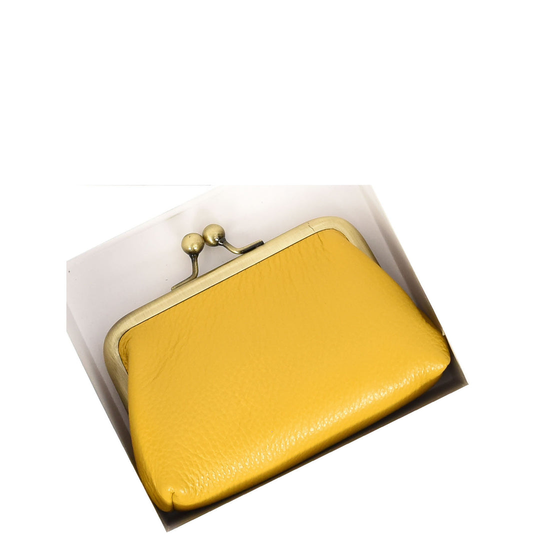 Womens Real Leather Small Coin Purse with Kiss Lock Closure HOL2205 Yellow
