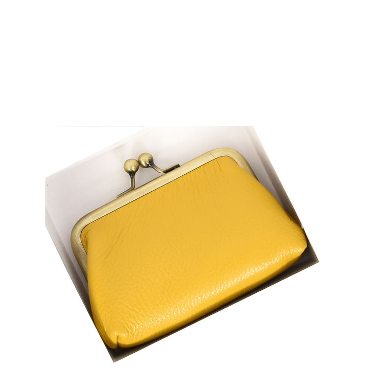 Womens Real Leather Small Coin Purse with Kiss Lock Closure HOL2205 Yellow