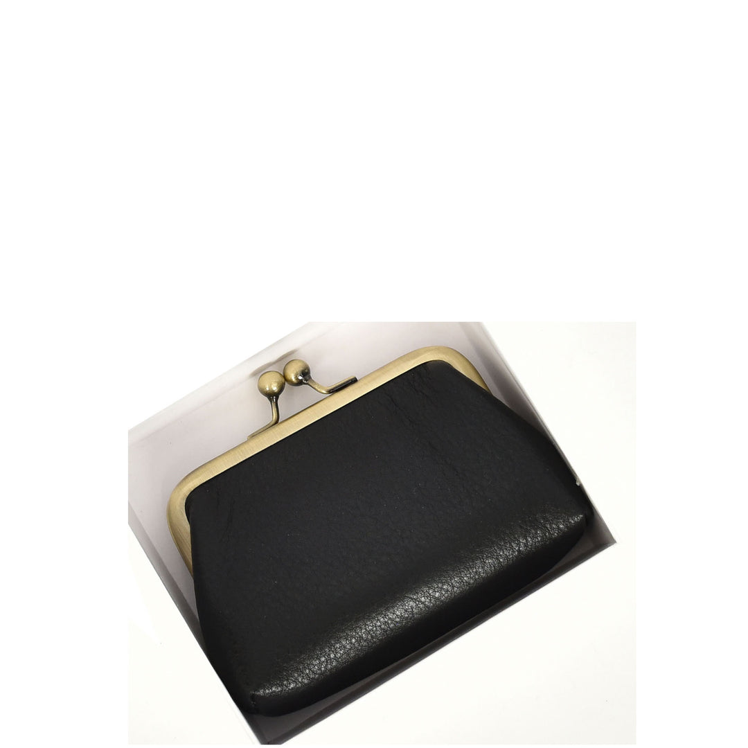 Womens Real Leather Small Coin Purse with Kiss Lock Closure HOL2205 Black
