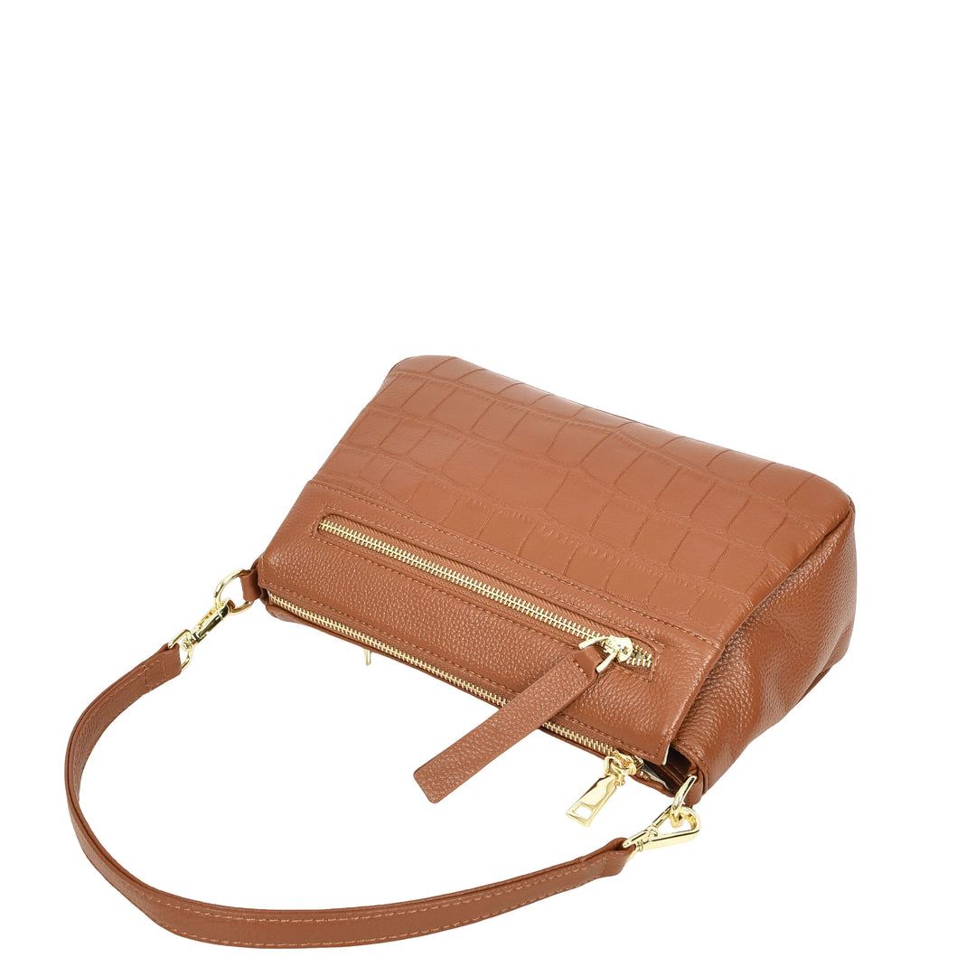 Womens Real Leather Shoulder Handbag Croc-Print Design Everyday Bag Edlyn Tan