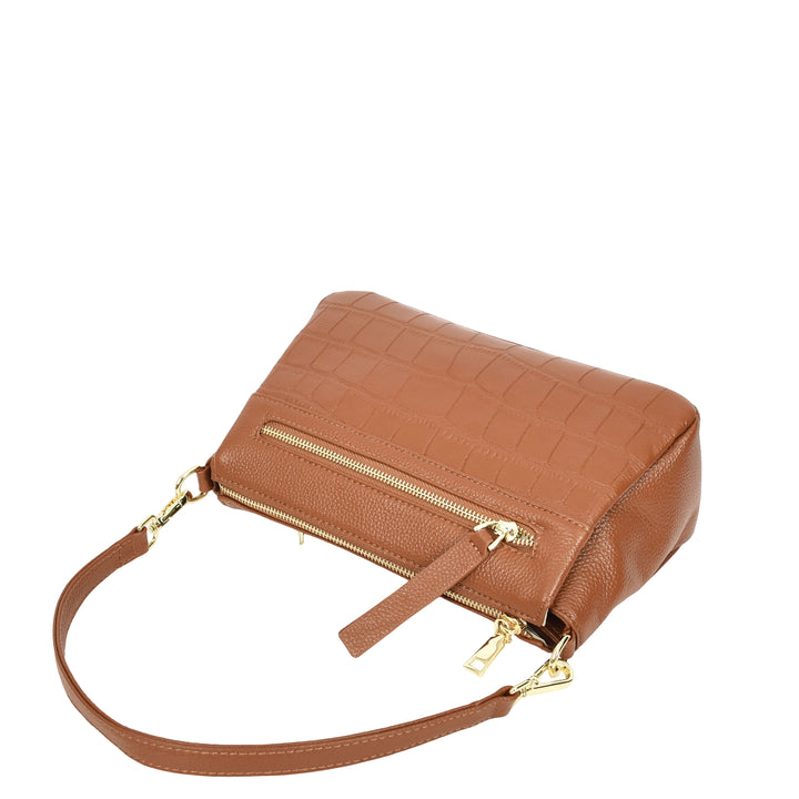 Womens Real Leather Shoulder Handbag Croc-Print Design Everyday Bag Edlyn Tan