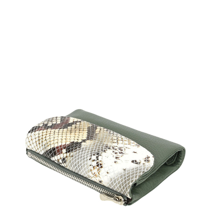 Womens Real Leather Purse Snake-Print Clutch Wallet HOL8833 Green