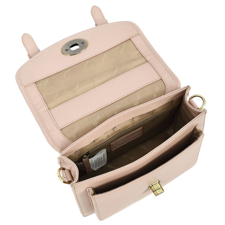 Vintage Style Womens Satchel Handbag Real Leather Crossbody Purse with Buckles Roxy Beige