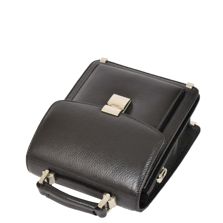 Mens Real Leather Briefcase Style Crossbody Flight Messenger Bag Drew Black-6