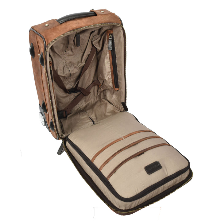 Genuine Leather Suitcase On Wheels Cabin Size Trolley Travel Bags Bourse Vintage Brown