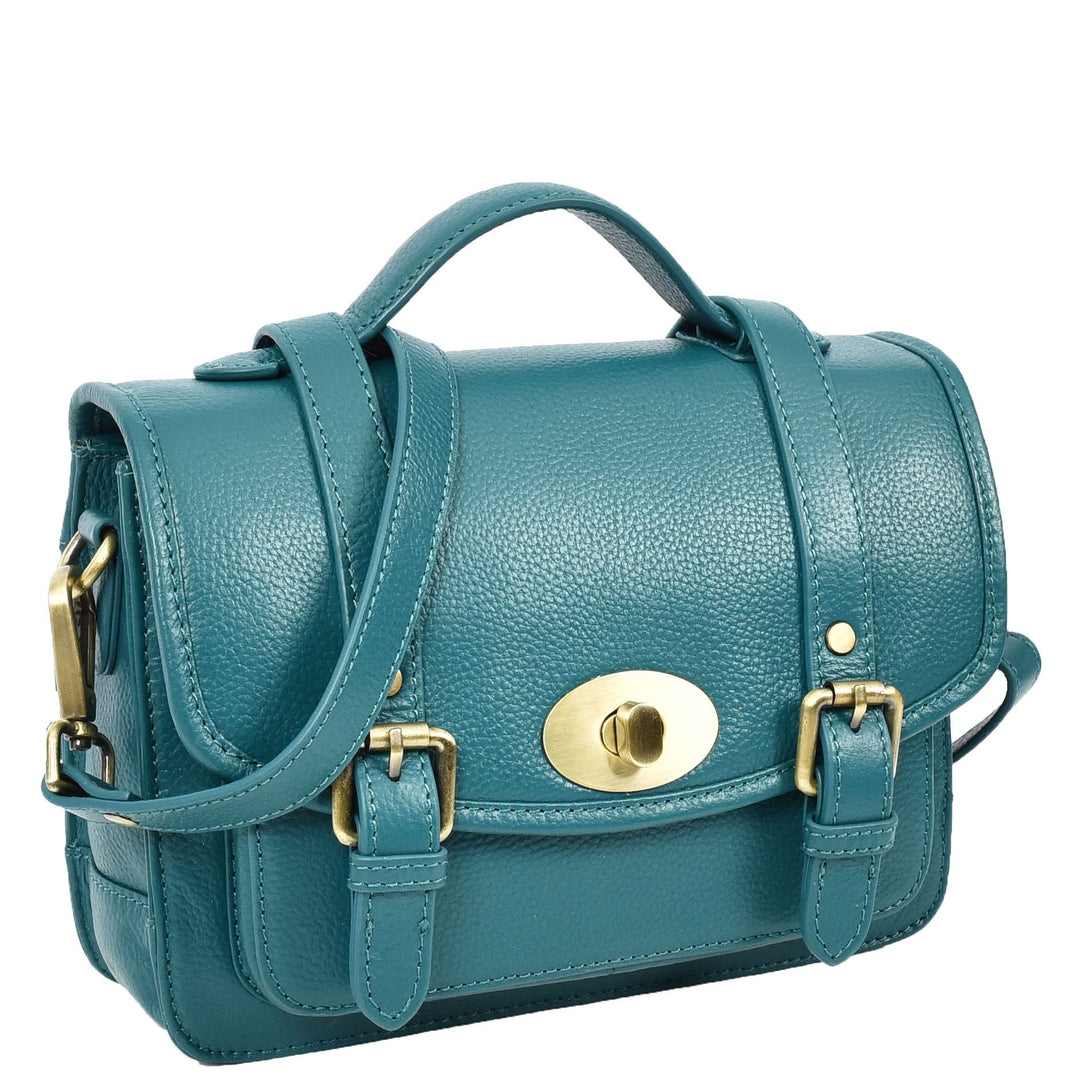 Vintage Style Womens Satchel Handbag Real Leather Crossbody Purse with Buckles Roxy Green