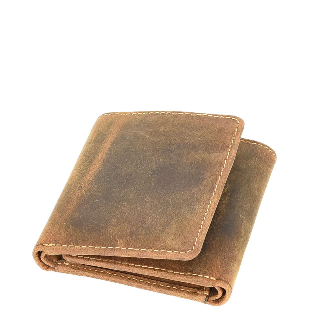 Mens Real Leather Tri-fold Wallet Credit Cards Banknotes ID Card RFID Blocking HOL700 Oil Tan