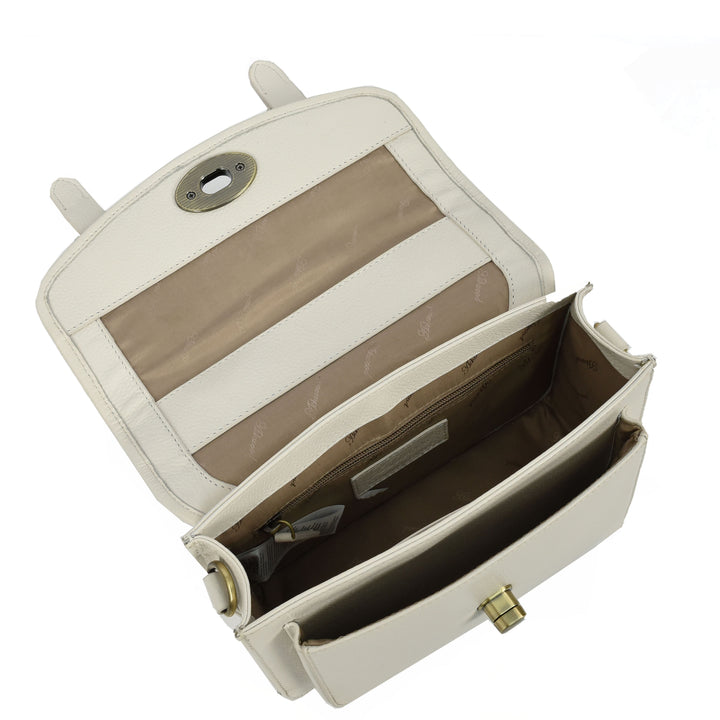 Vintage Style Womens Satchel Handbag Real Leather Crossbody Purse with Buckles Roxy White