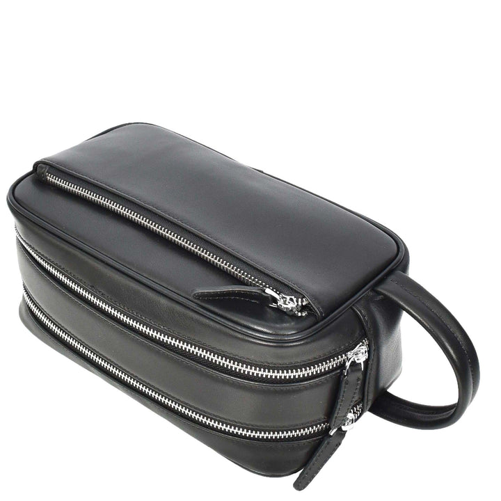 Real Leather Toiletries Bag Medium Size Travel Dopp Kit Organiser Style Oslo Black-6
