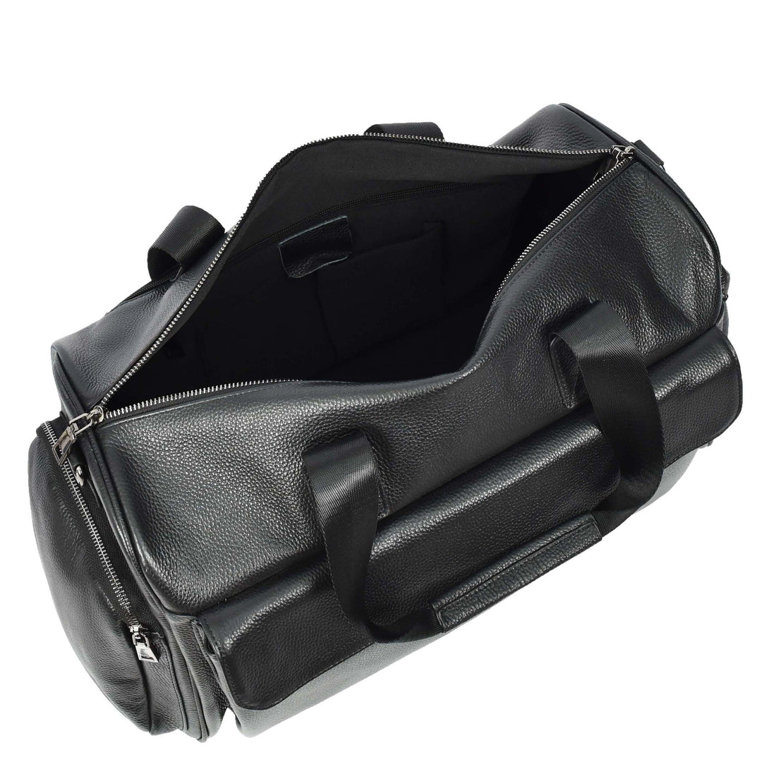 Real Leather Holdall Large Size Travel Weekend Organiser Bag Tunis Black