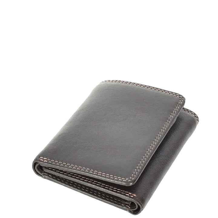 Mens Leather Tri-fold RFID Slim Wallet Banknotes Credit Cards ID Card Holder HOL181 Brown