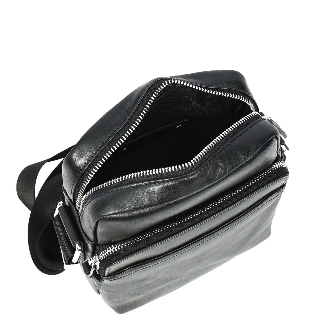 Mens Real Leather Cross Body Bag Small Size Travel Pouch Hanoi Black-6
