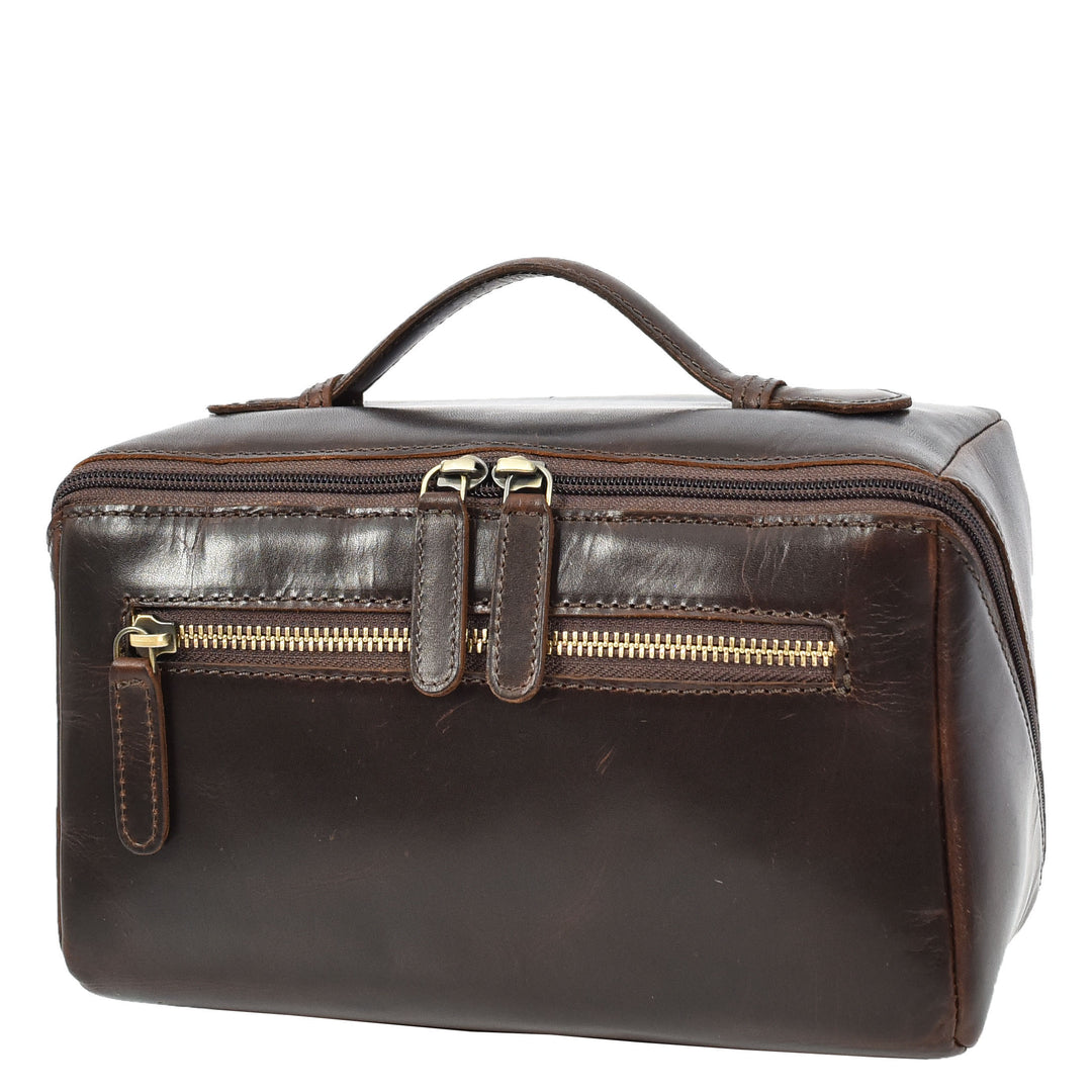 Mens Real Leather Toiletries Wash Shaving Bag Travel Pouch Tripper Brown
