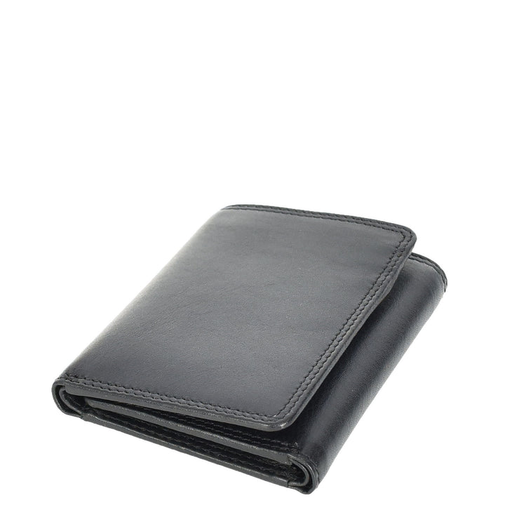 Mens Leather Tri-fold RFID Slim Wallet Banknotes Credit Cards ID Card Holder HOL181 Black