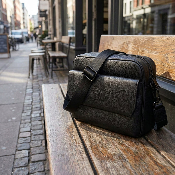 Men's Real Leather Crossbody Flight Bag Adjustable Strap Sandy Black