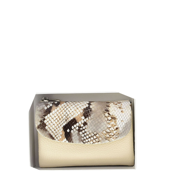 Womens Real Leather Purse Snake-Print Clutch Wallet HOL8833 Off White