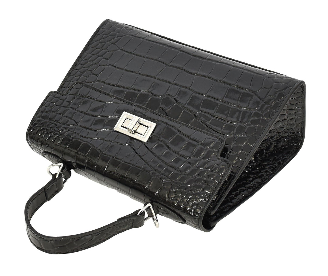 Women's Leather Structured Top Handle Handbag with Shoulder Strap HOL8617 Black