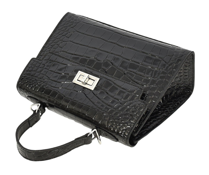 Women's Leather Structured Top Handle Handbag with Shoulder Strap HOL8617 Black