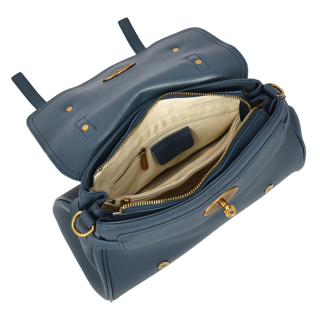 Womens Real Leather Handbag Classic Satchel Top-Handle Style Greta Blue-6