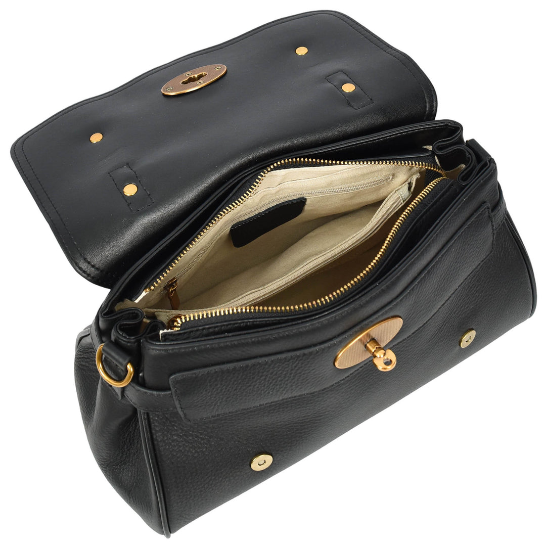 Womens Real Leather Handbag Classic Satchel Top-Handle Style Greta Black-6