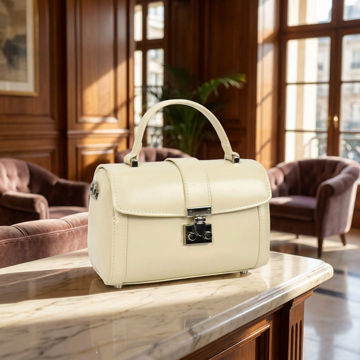 Women's Glazed Leather Handbag Mini Size Fashion Bag Top Handle HOL2613 Off-White