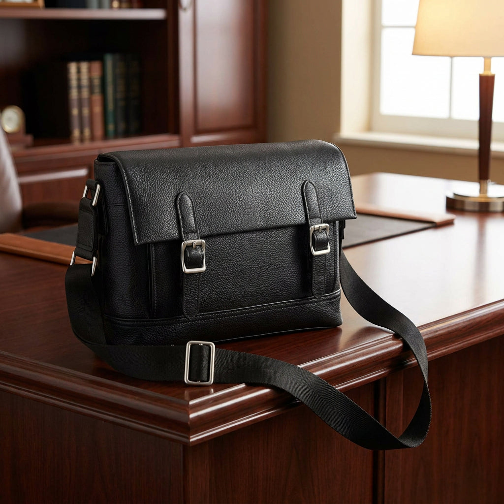 Men's Real Leather Crossbody Messenger Bag Flap Over Dual Buckle Ted Black