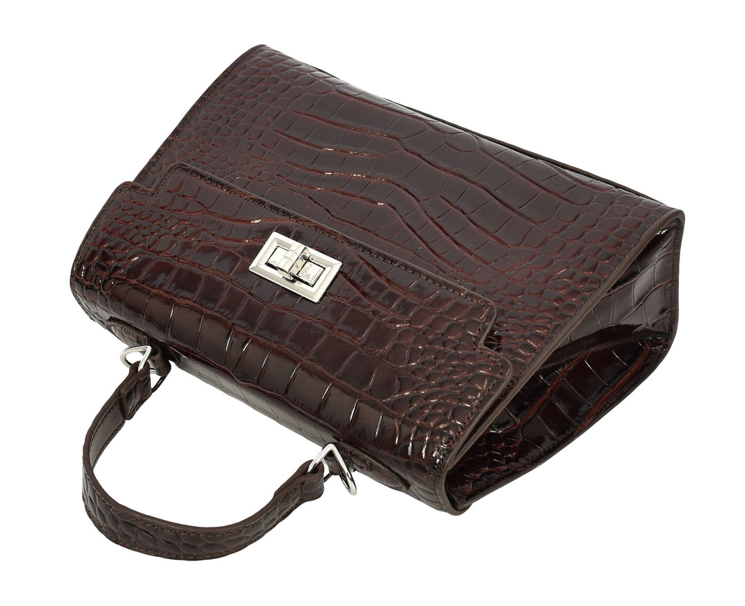 Women's Leather Structured Top Handle Handbag with Shoulder Strap HOL8617 Coffee