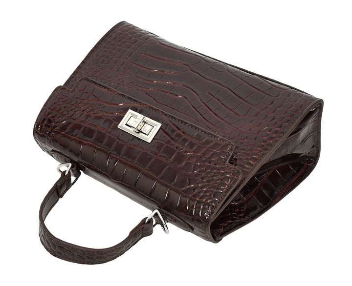 Women's Leather Structured Top Handle Handbag with Shoulder Strap HOL8617 Coffee
