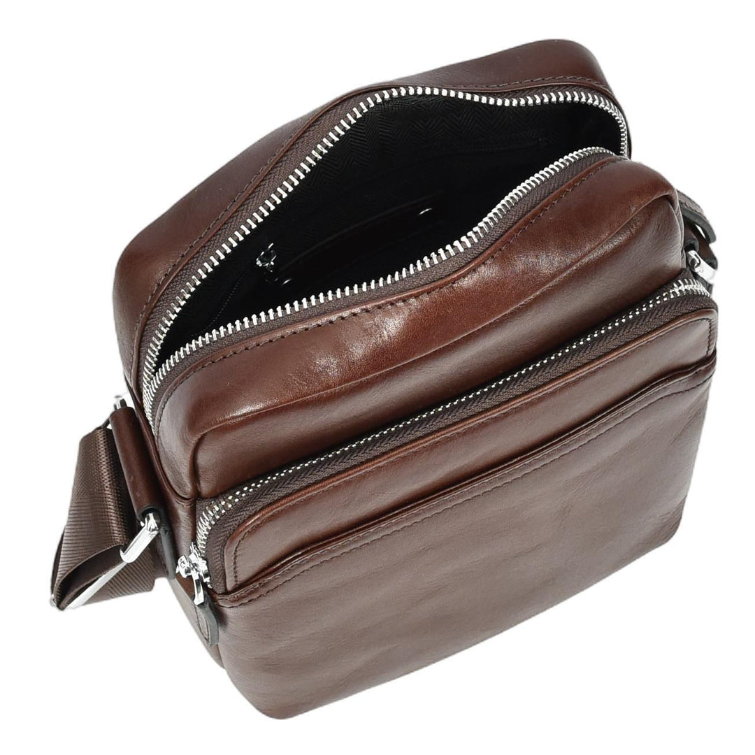 Mens Real Leather Cross Body Bag Small Size Travel Pouch Hanoi Brown-6
