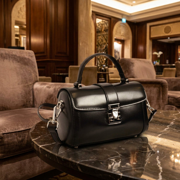 Women's Glazed Leather Handbag Mini Size Fashion Bag Top Handle HOL2613 Black