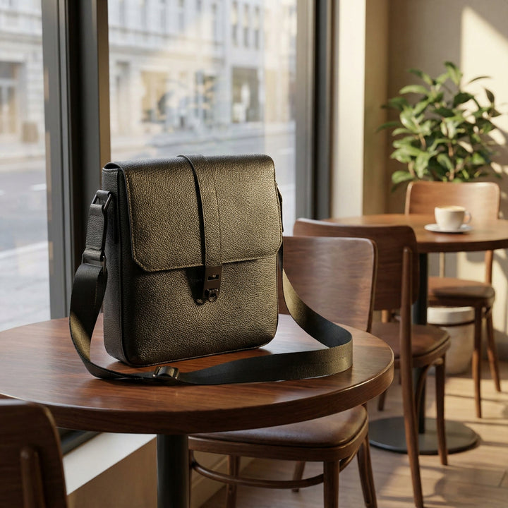 Men's Real Leather Crossbody Messenger Bag Elian Black