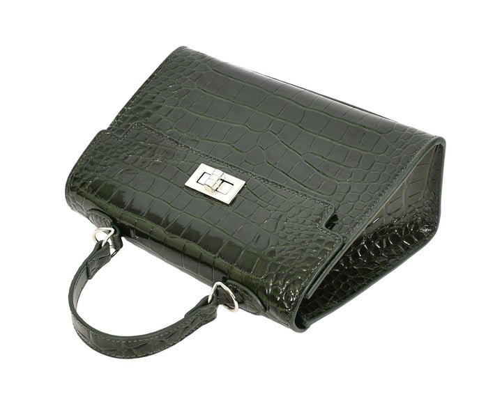 Women's Leather Structured Top Handle Handbag with Shoulder Strap HOL8617 Green