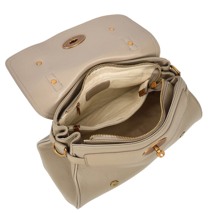 Womens Real Leather Handbag Classic Satchel Top-Handle Style Greta Beige-6