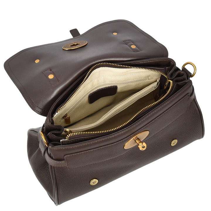 Womens Real Leather Handbag Classic Satchel Top-Handle Style Greta Brown-6