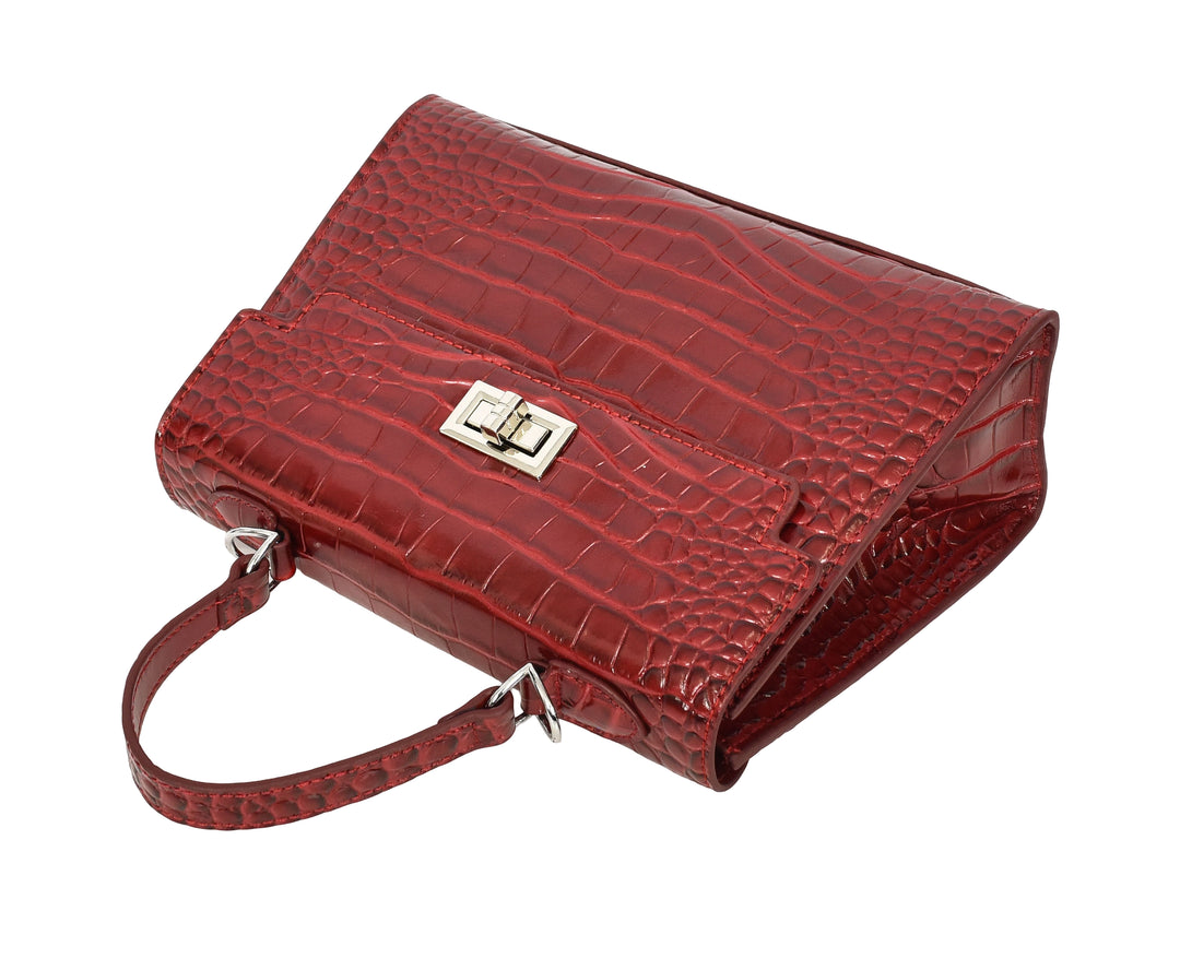Women's Leather Structured Top Handle Handbag with Shoulder Strap HOL8617 Red