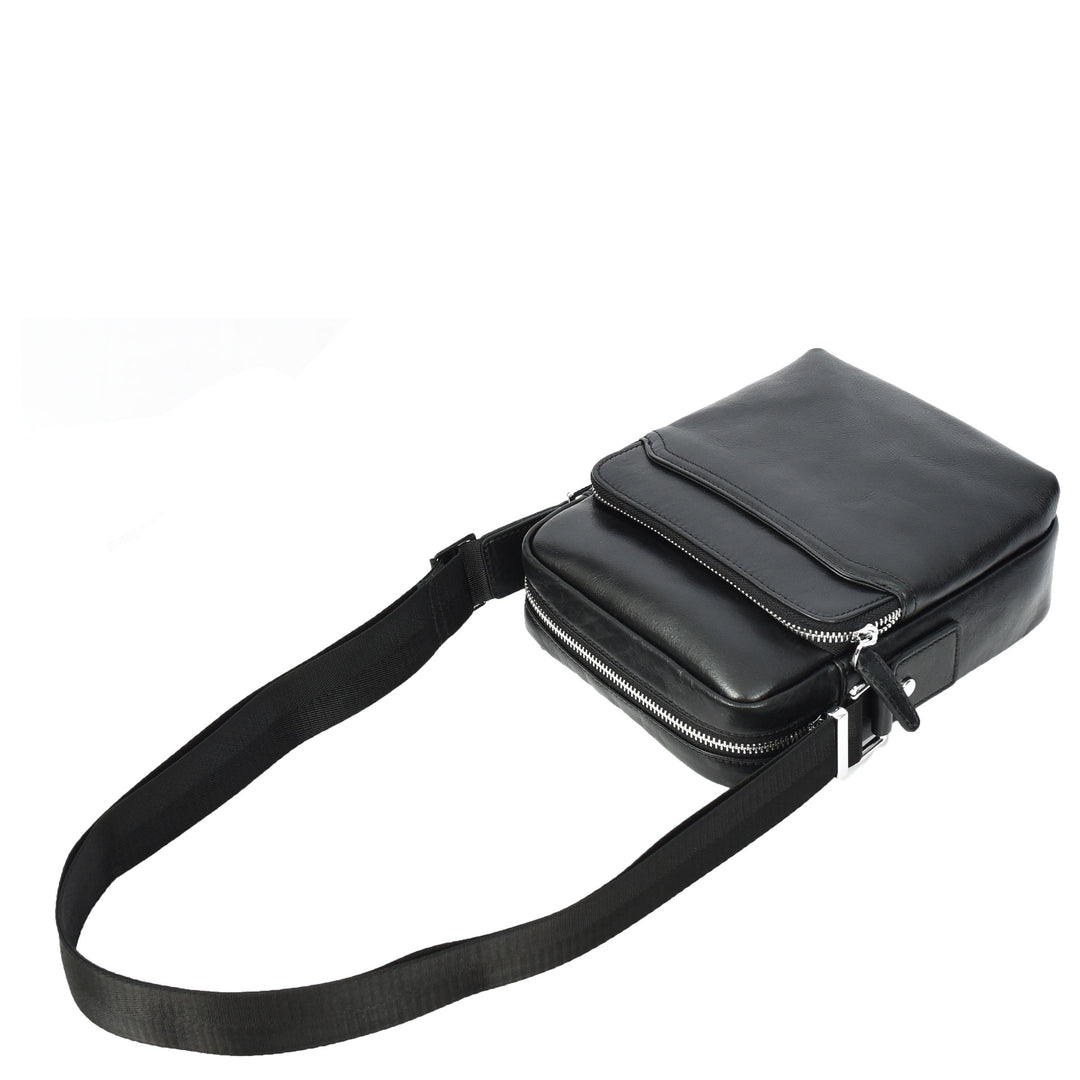 Mens Real Leather Cross Body Bag Small Size Travel Pouch Hanoi Black-7