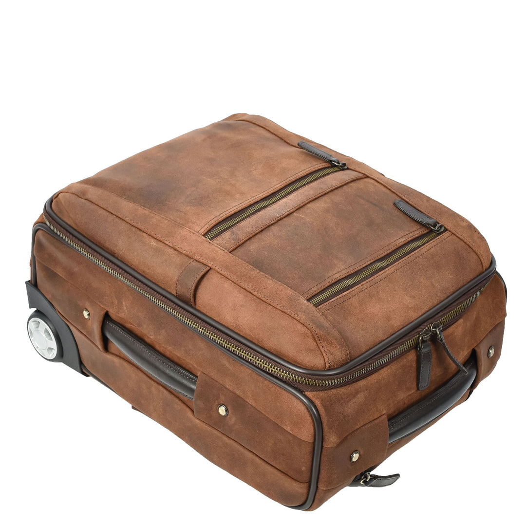 Genuine Leather Suitcase On Wheels Cabin Size Trolley Travel Bags Bourse Vintage Brown