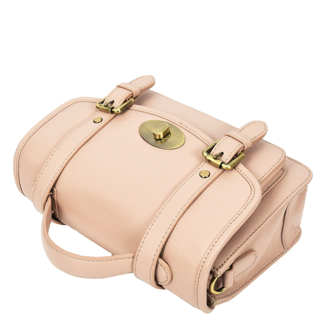 Vintage Style Womens Satchel Handbag Real Leather Crossbody Purse with Buckles Roxy Beige