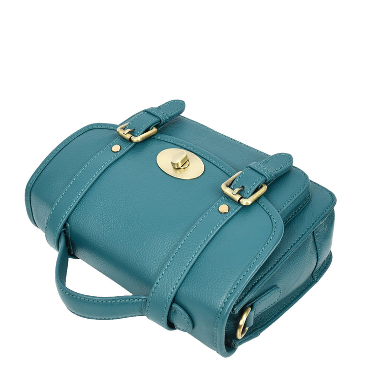 Vintage Style Womens Satchel Handbag Real Leather Crossbody Purse with Buckles Roxy Green