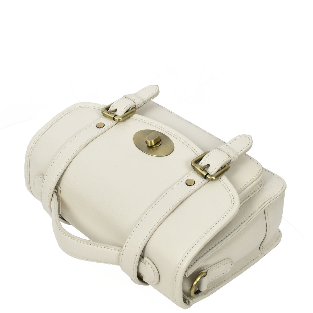 Vintage Style Womens Satchel Handbag Real Leather Crossbody Purse with Buckles Roxy White