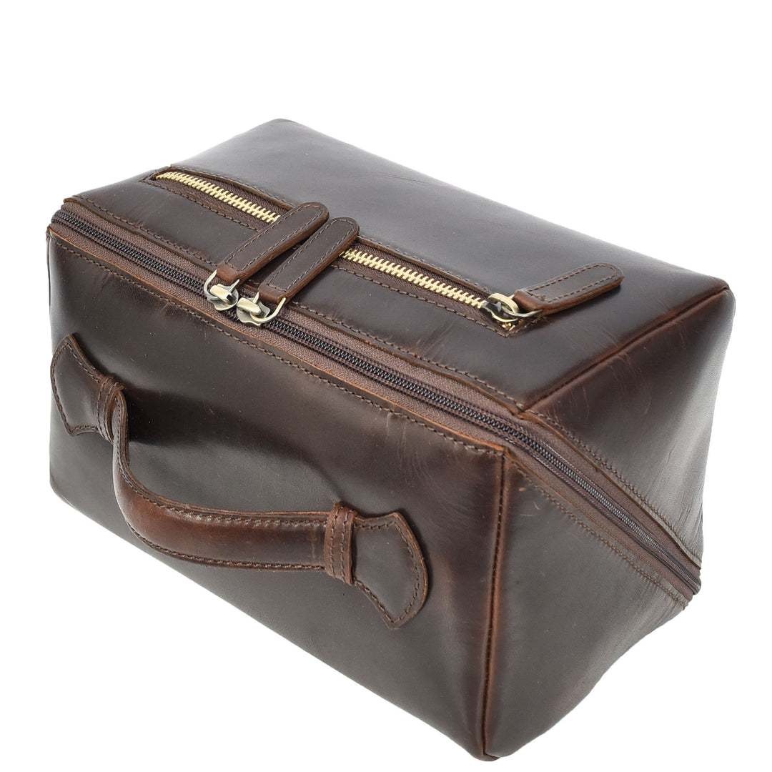Mens Real Leather Toiletries Wash Shaving Bag Travel Pouch Tripper Brown