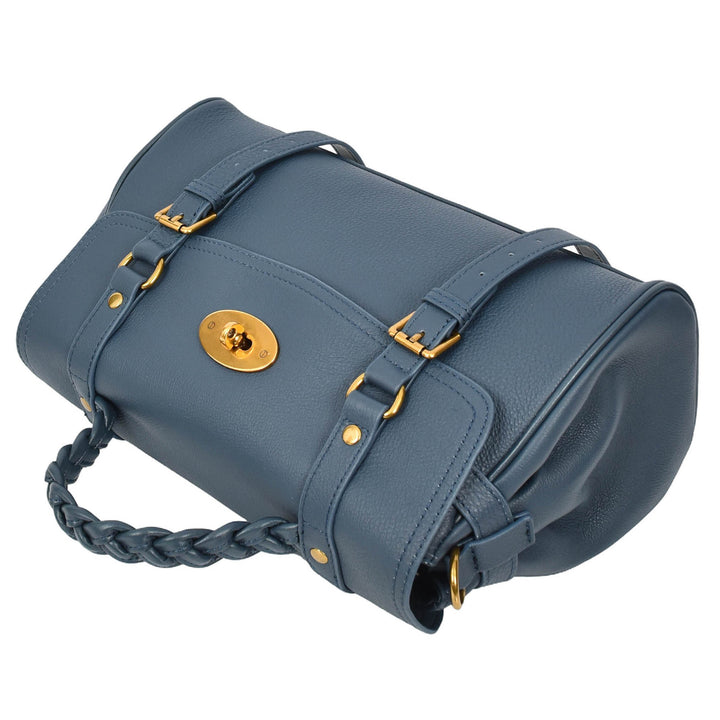 Womens Real Leather Handbag Classic Satchel Top-Handle Style Greta Blue-5