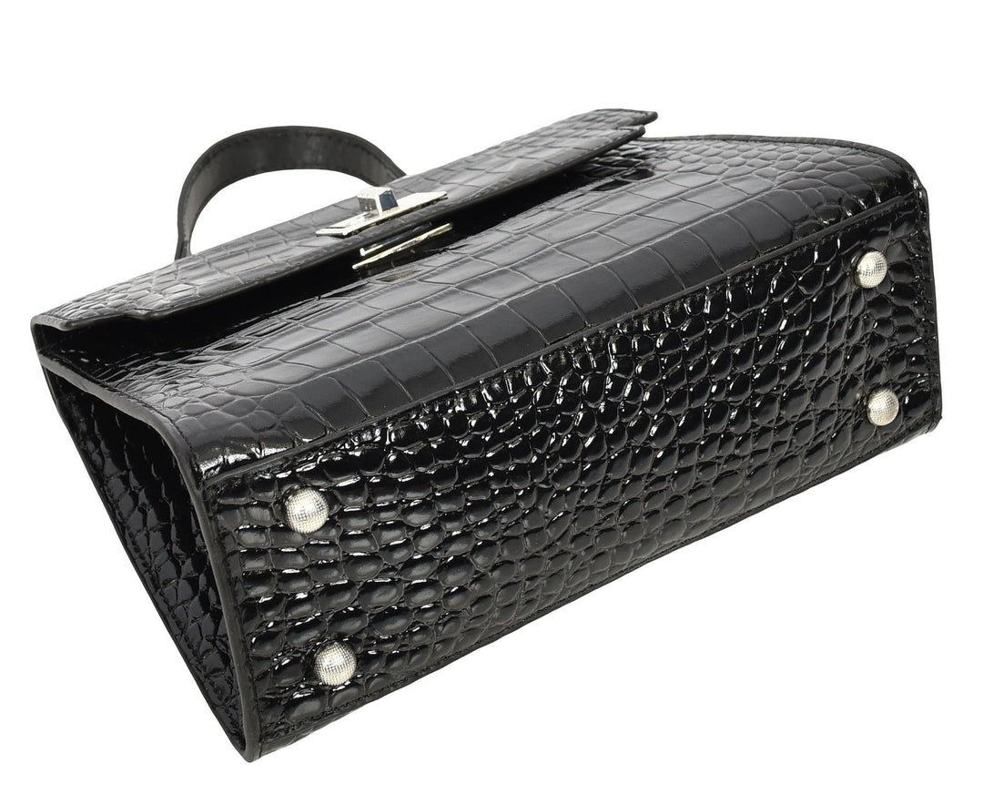 Women's Leather Structured Top Handle Handbag with Shoulder Strap HOL8617 Black