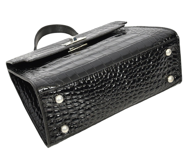 Women's Leather Structured Top Handle Handbag with Shoulder Strap HOL8617 Black