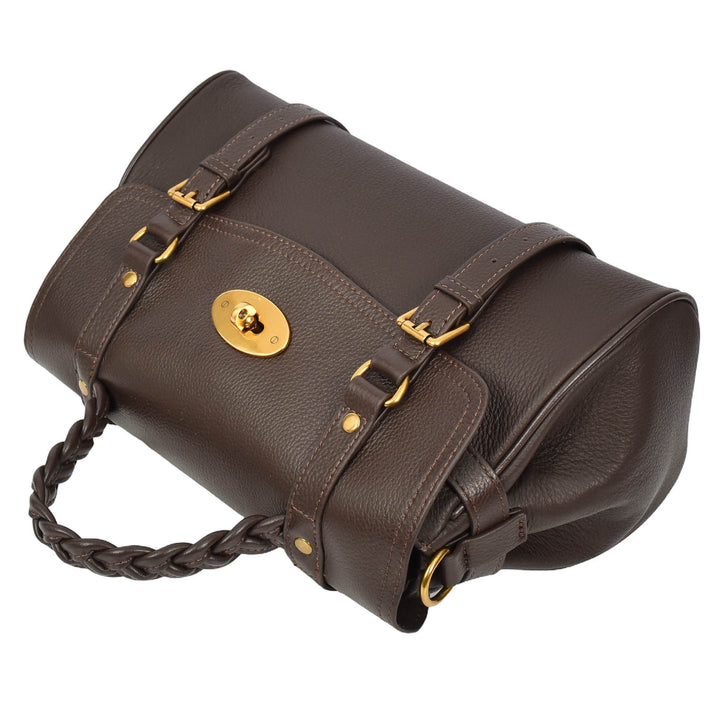 Womens Real Leather Handbag Classic Satchel Top-Handle Style Greta Brown-5