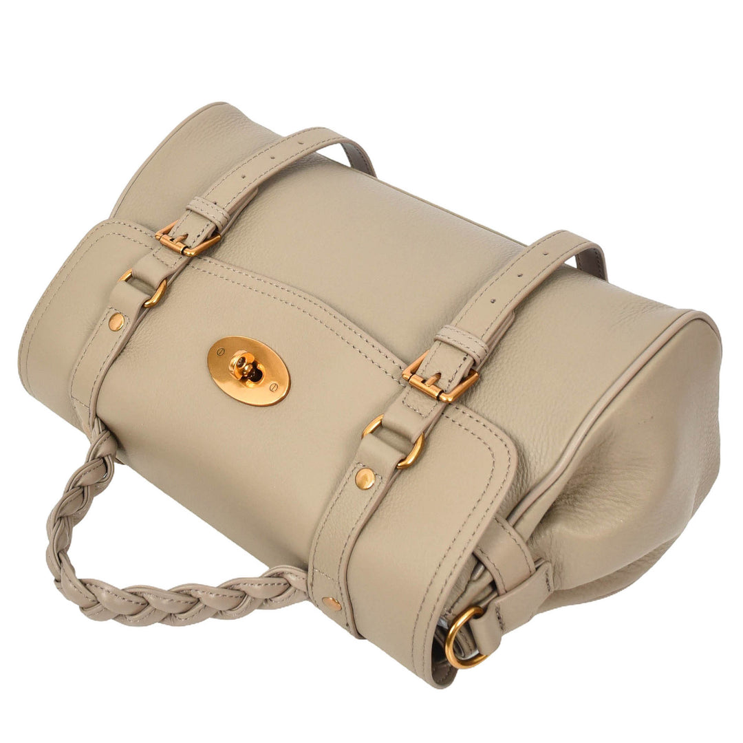 Womens Real Leather Handbag Classic Satchel Top-Handle Style Greta Beige-5
