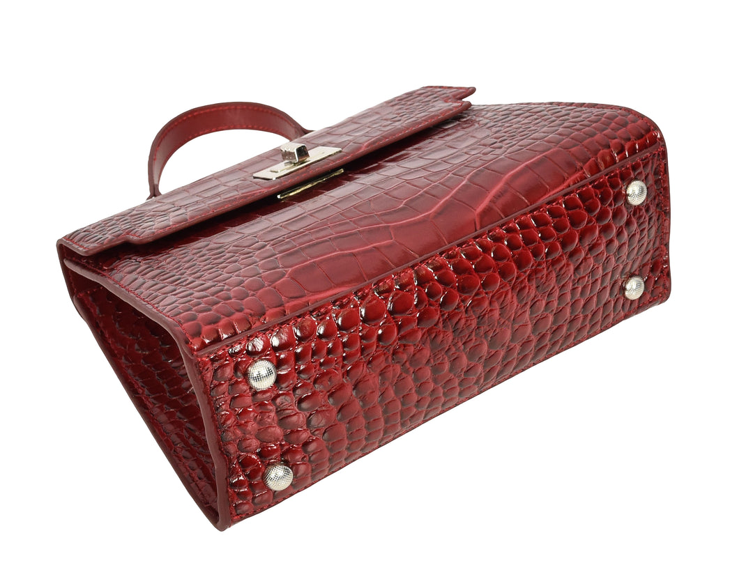 Women's Leather Structured Top Handle Handbag with Shoulder Strap HOL8617 Red